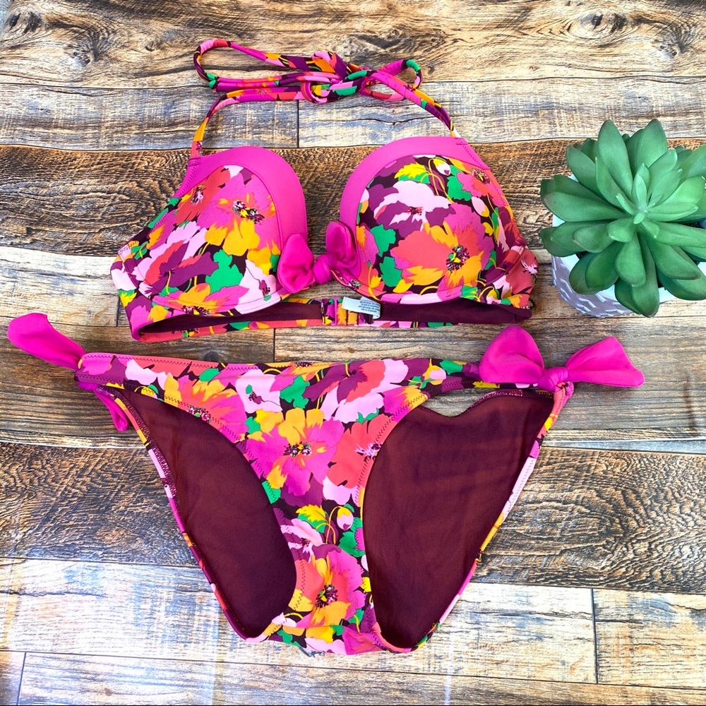 Aerie Pink Floral Bikini 36D Medium swimsuit pink